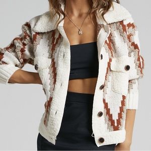 #22 Burnt orange cream Tribal Aztec Bohemian Soft pocket button teddy shacket